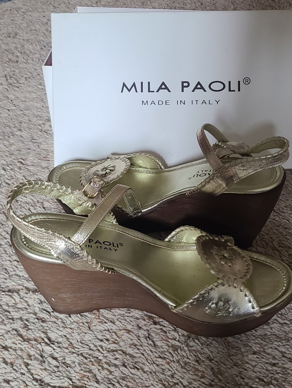 Mila Paoli Metallic Gold and Brown Wedge Sandals